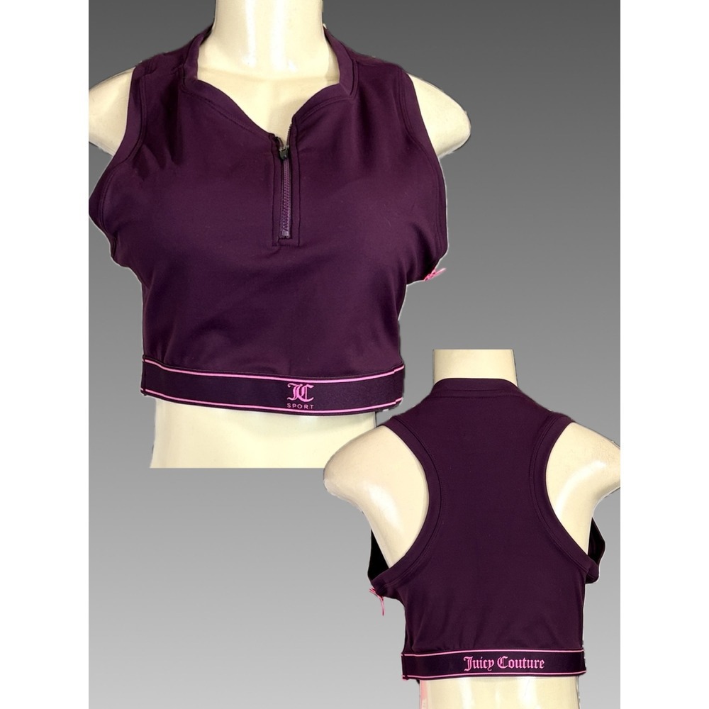 Juicy Couture Sport L Logo Purple Pink 1/4 Zip Racerback Removable Pads Bra Top